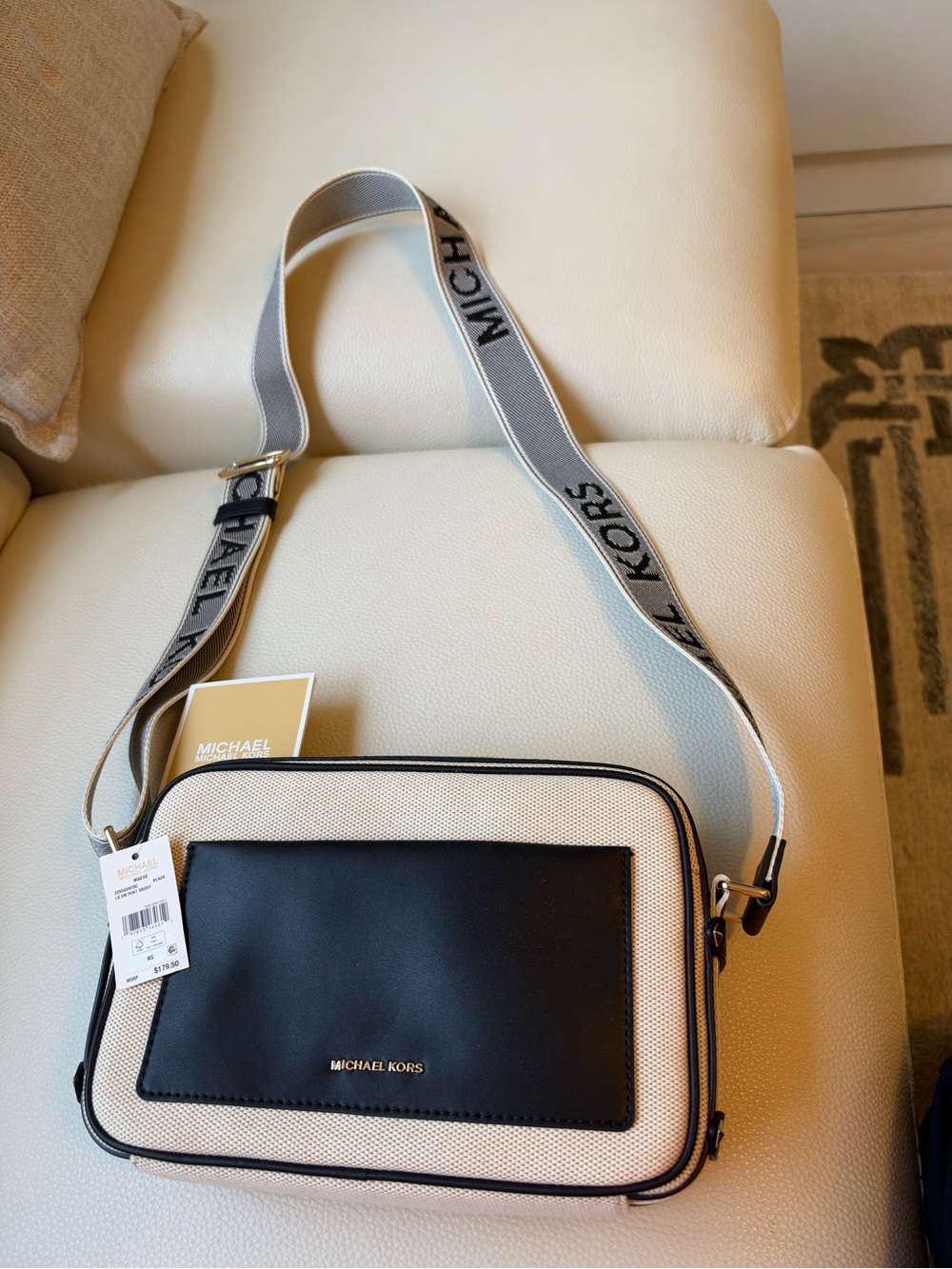 New Michael Kors Black and Cream Cross Bag with Branded Strap